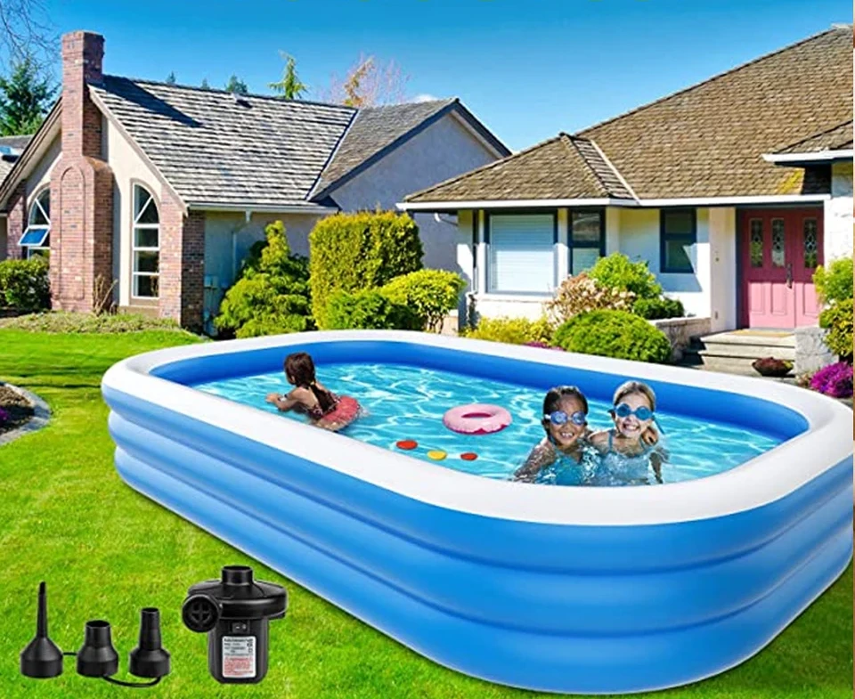 Grande piscine gonflable bleue 3 m pour adultes dans un jardin, avec pompe électrique
