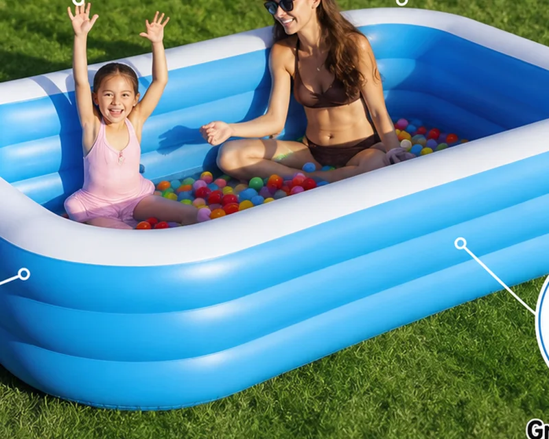 Piscine gonflable rectangulaire bleue et blanche avec une famille
