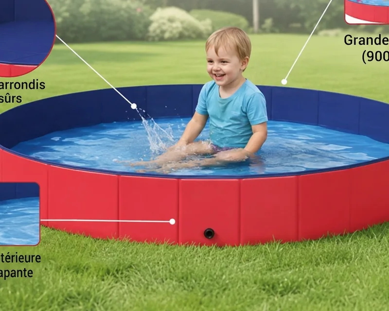 Piscine ronde pliable de 3 mètres rouge et bleue installée sur une pelouse